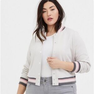 Torrid Ivory & Multi Stripe Trim Fleece Crop Bomber Jacket
